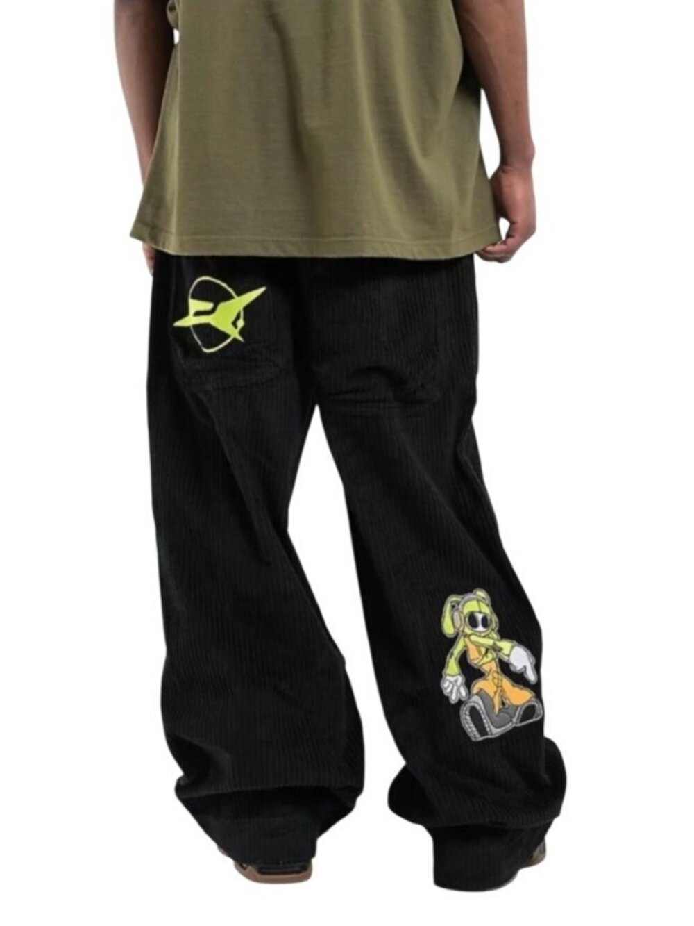 A.LAB Mega Rave Black Corduroy  With Yellow Graphic Pants Size 34